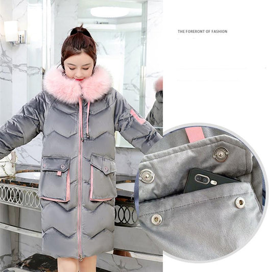 Winter Women's Padded Jacket Mid-length Thick and Loose Hit Color Cotton Coat Fashionable Gold Velvet Warmth Parka Coat