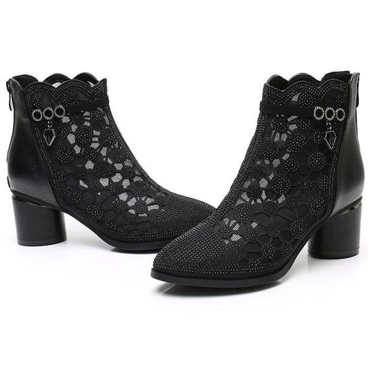 Sandals Women's Mesh Cool Boots All-match Hollow Rhinestone Breathable Thick-heeled Ankle Boots Women's Black High-heeled Boots