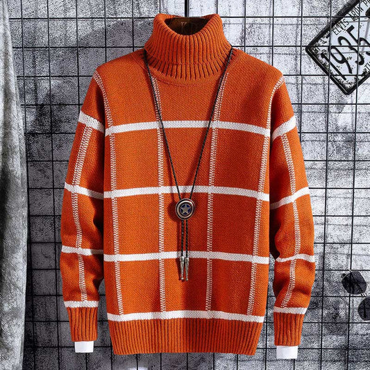 Men's Sweater Half Turtleneck Plus Fleece Thickening Autumn and Winter Youth Slim Trend Pullover Sweater
