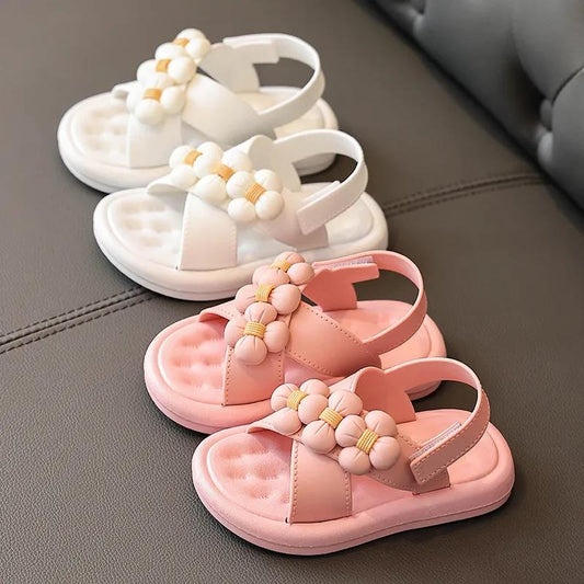 Children's Sandals Summer Girl's Princess Non-slip Soft Sole Beach Sandals Kid's Large Size Solid Color Flowers Sandals