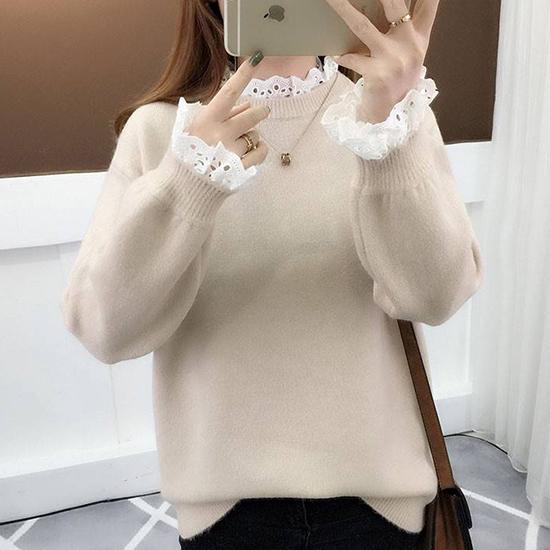 Pofulove Girly Lace Ruffles Neck Knitwear Skin-friendly High Elastic Women Jumper Sweater Top
