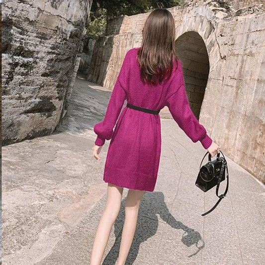 Autumn and Winter Plus Velvet Padded Dress Knitted Mid-length Waist Bottoming Skirt Solid Color Casual Women Sweater Dress