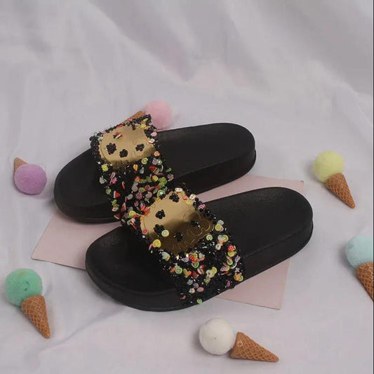 Girls Slippers In Summer Soft Sole Flat Anti-slip Sequins Slippers Household Shower Casual Little Cat Slippers