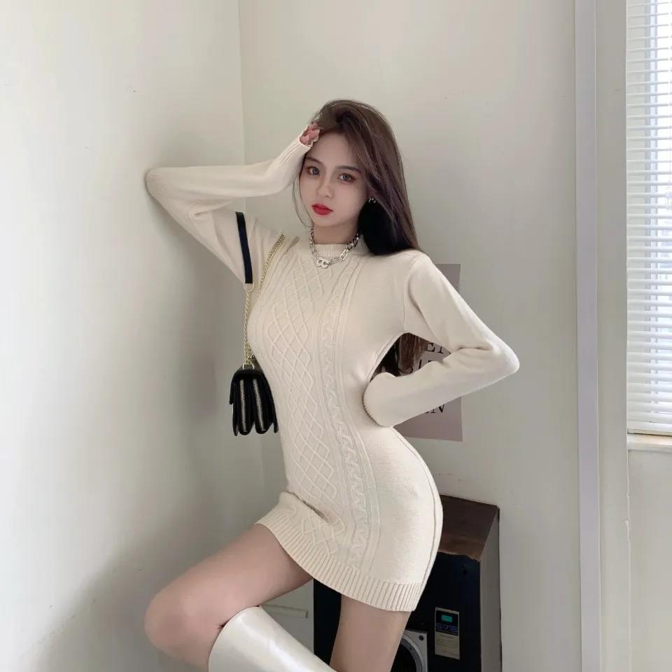 Autumn Fashion Sexy Solid O-Neck Skinny Mini Dress Women Rib Knit Keep Warm Long Sleeve Slim Dress Streetwear