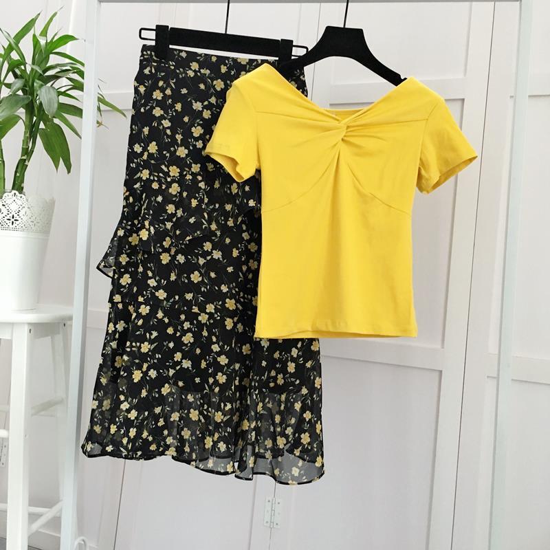 Summer Skirt Two-piece Set Women V-neck Short-sleeve T-shirt Top Korean Irregular Midi Floral Pleated Skirt Two-piece Suit Plus Size