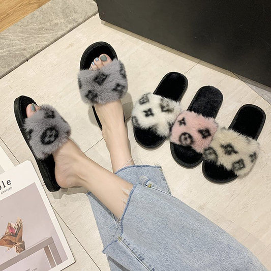 Women's Cotton Slippers Autumn and Winter Korean Version of The Net Red Printing Word with A Flat Bottom Casual Wool Slippers