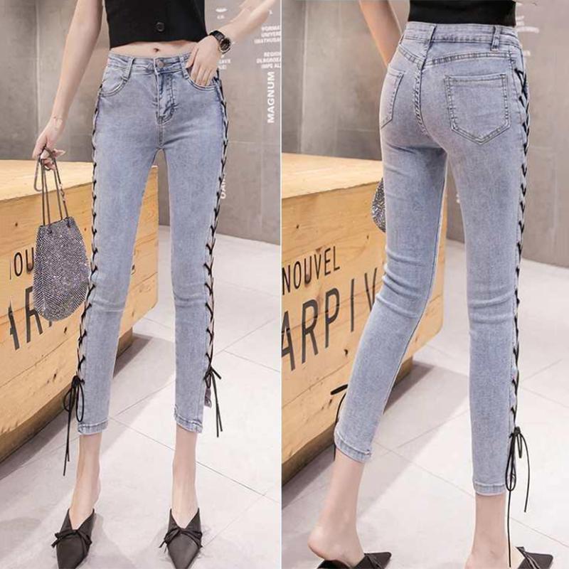 WTEMPO Blue High Waist Women's Jeans Cropped Slim Feet Pants Sexy Split Fork Black Strap
