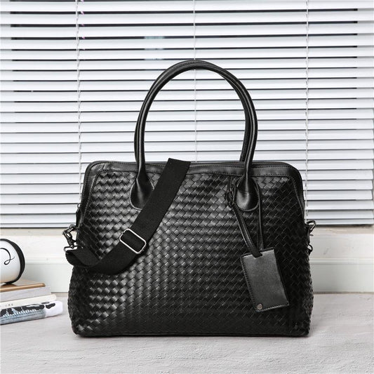 Business Briefcase Men Fashion Woven Leather Zipper Waterproof Handbag Travel Computer Bag