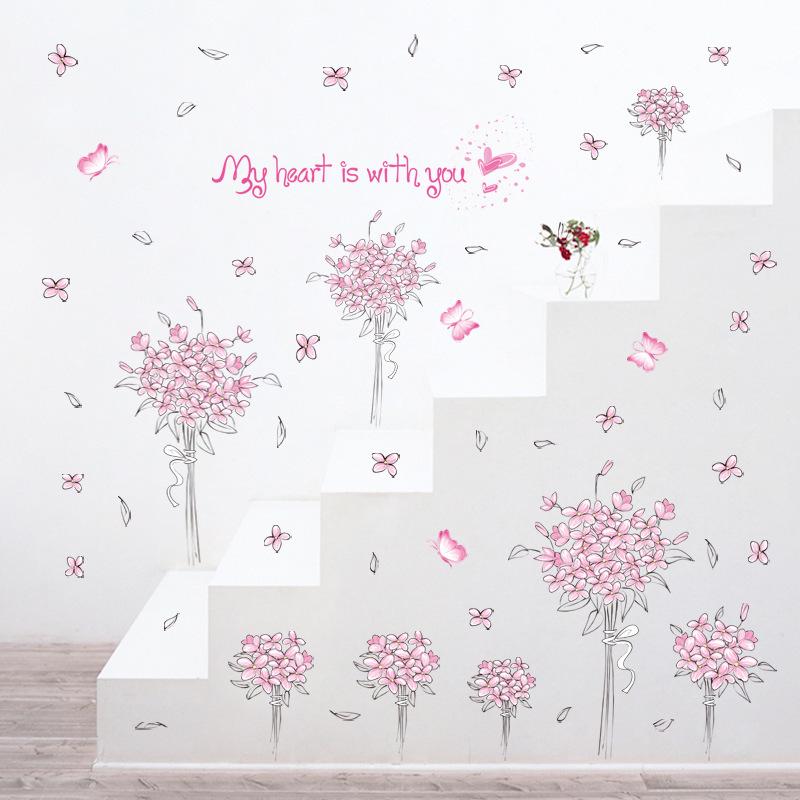 Pink flower group bedroom living room TV sofa wall stickers green stickers romantic love wallpaper