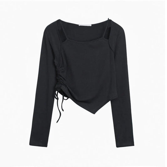 Short Solid Color Long Sleeve T-Shirt Female Student Drawstring Sling Long Sleeve Top Women