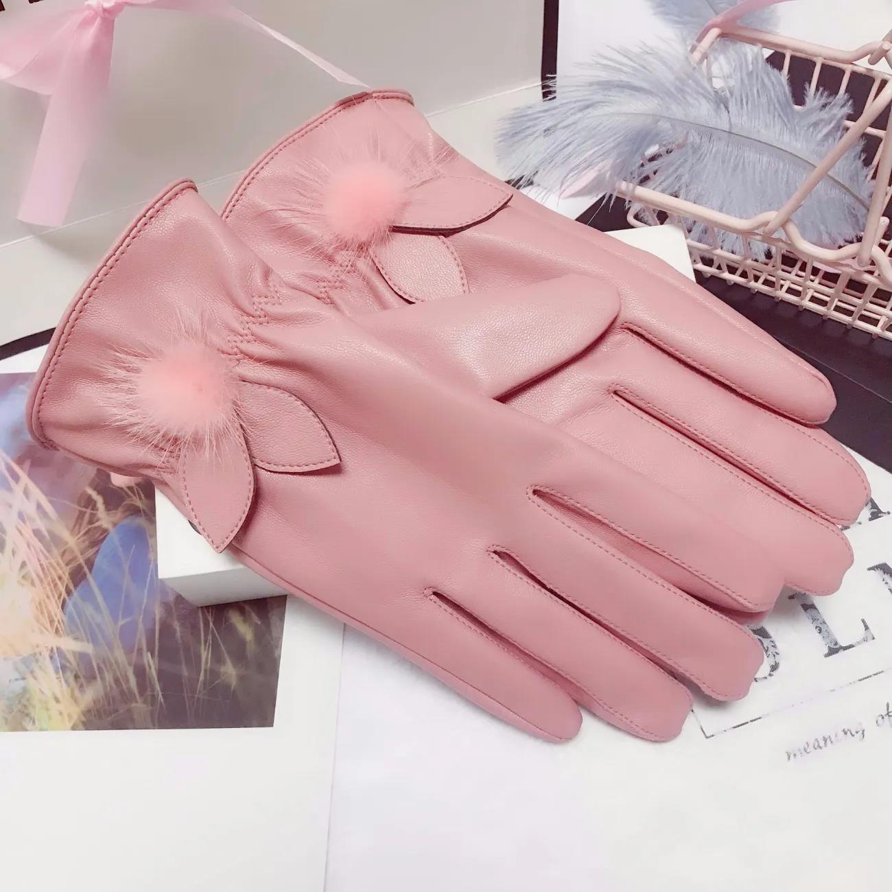 Mink Ball Leather Gloves Female Korean Version Cute Plus Velvet Warm Cold Waterproof Touch Screen Riding Driving