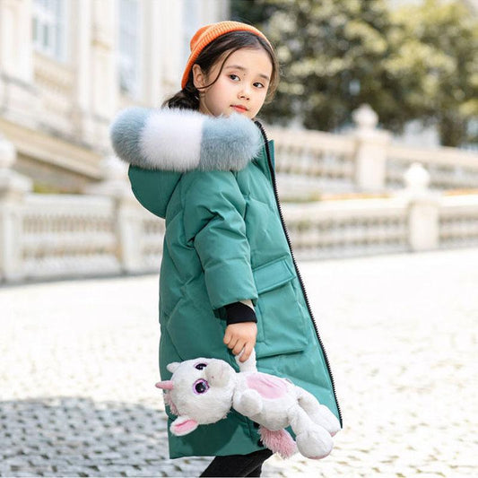 Girls' Warm Down Jacket Mid-length Windproof and Down Thick White Duck Down Jacket Big Fur Collar Children's Clothing