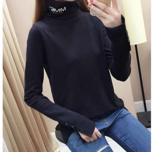 Split-cuff Knit Sweater Spring and Autumn Loose Long-sleeved Shirt High-neck Bottoming Shirt