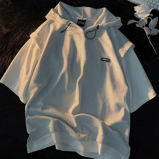 Summer Men's Large Size Breathable Casual Sports Suit Wild Loose Fried Street Chic Fake Two-piece Casual T-shirt