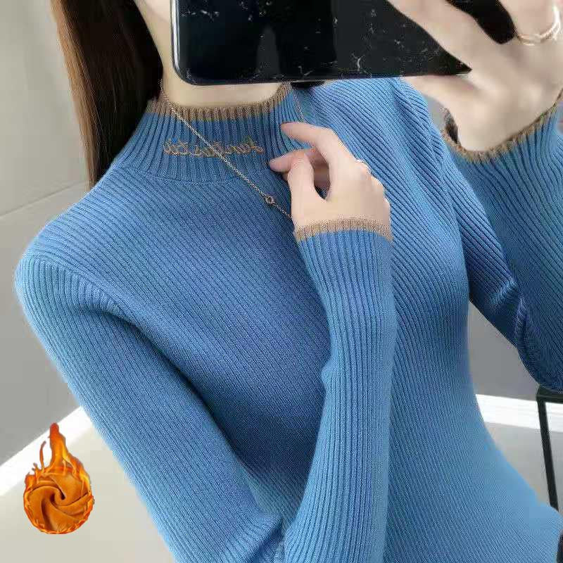 Autumn and Winter Korean Version of Warm Knit Sweater Slim Long-sleeved Solid Color Top Plus Velvet Thick Round Neck Sweater