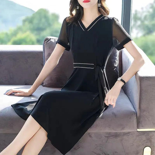 L-5XL Spring Summer Chiffon Dress Large Size V-neck See-through Mesh Short-sleeves Temperament Slim Black Skirt Female Bow Strap A-line Dress