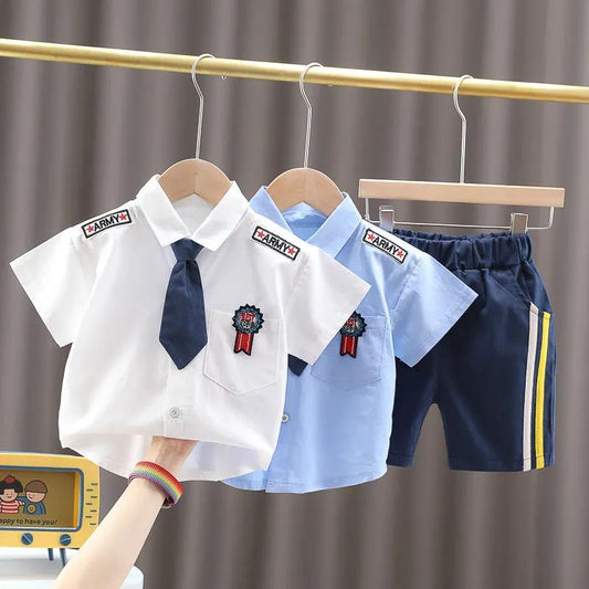 Boys' Short-sleeved Summer Suits Baby Western-style Tie Suits Two-piece Suit Summer Children's Handsome Trend