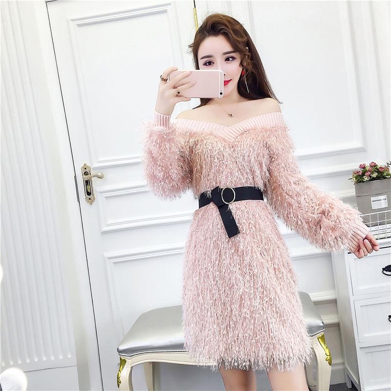 Autumn Celebrity Fashion Dress V-neck Strapless Fringed Blouse Waist Loose Long-sleeved Sweater Women