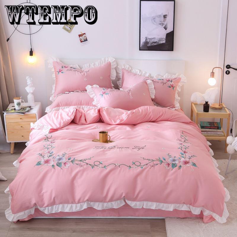 Cotton four-piece lotus leaf lace sheets comfortable cotton solid color home bedroom bedding set