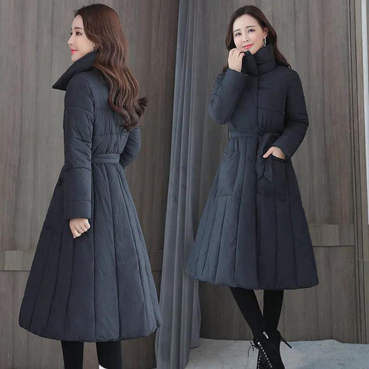 Long Down Jacket Fashion Casual Waist Belted Cotton Jacket Lengthened Thick Loose Over-the-knee Windbreaker Jacket