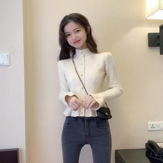 Core Yarn Knitwear Half Turtleneck Pullover Knitwear Korean Style Button Solid Color Sweater