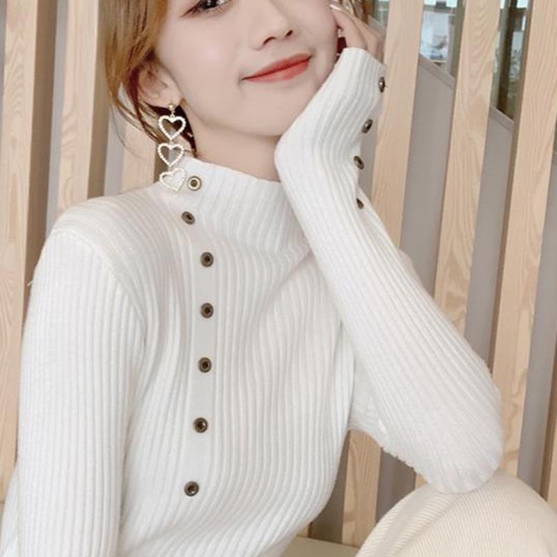 Long-sleeved Casual Bottoming Sweater Women's Spring and Autumn Thin Slim Half Turtleneck Buttoned Sweater Short Style Top