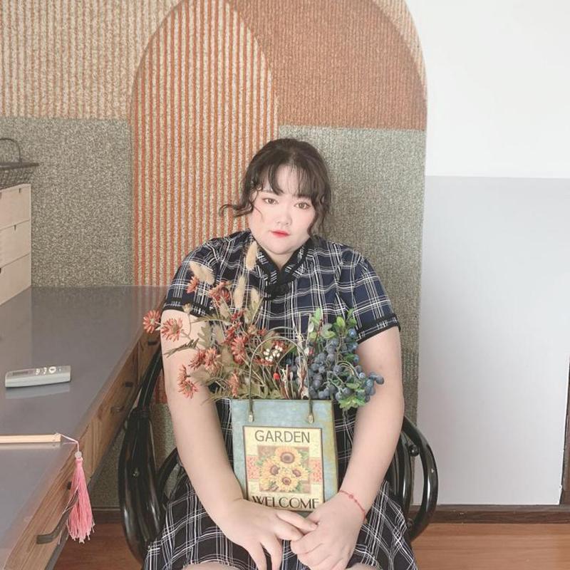 Fat Girl 300 Kg Extra Large Plaid Dress Summer New Product Improved Version Loose and Thin Ruffled Cheongsam Women