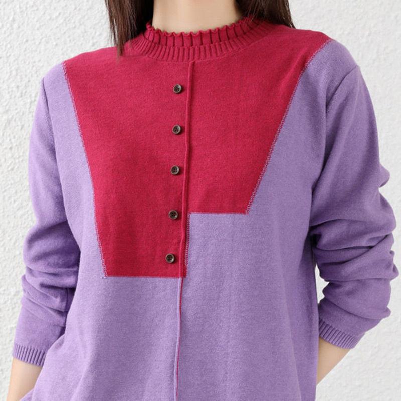 Autumn Women's Round Neck Knitted Tops Women Loose Slim Fit Color Matching Sweater Women's Long-sleeved Design Sense