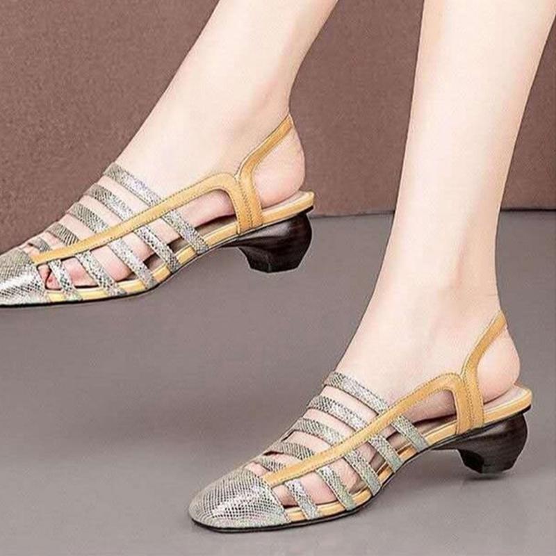 Thick Heel Sandals Women's Soft Leather Fish Pattern Shoes Roman Shoes Color Matching Hollow Word Buckle Women's Shoes Thick Bottom Sandals