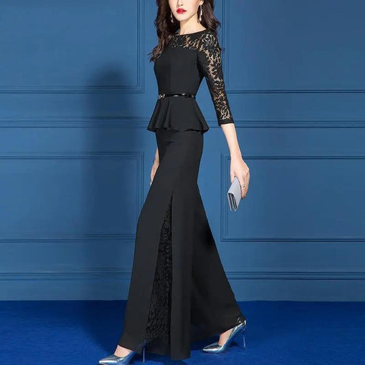Summer Black Small Fragrant Wide-leg Pants Suit Slim Lace Two-piece Round Neck Long-sleeved Top + Loose Wide-leg Pants