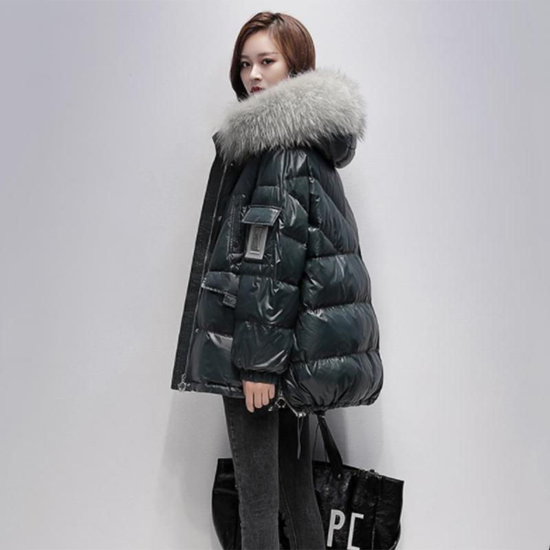 Women's Glossy Loose Down Jacket Mid-length Korean Thick Coat Warm Cotton Coat with Big Fur Collar Winter Quilted Jacket