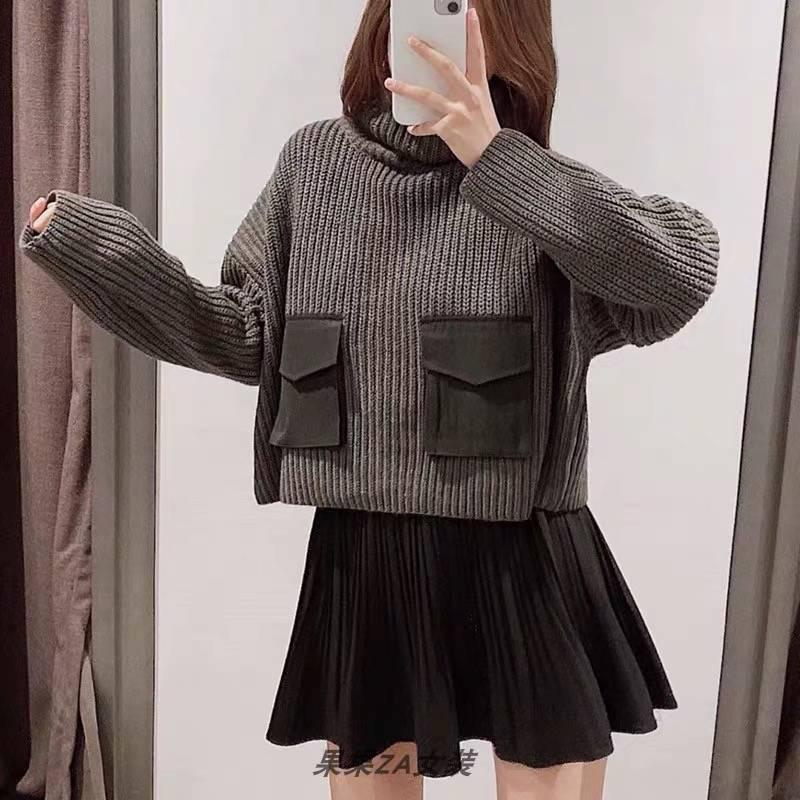 Lazy Wind Loose Head High Collar Women Knit Sweater Pure Black Double Pockets Lady Sweaters Casual