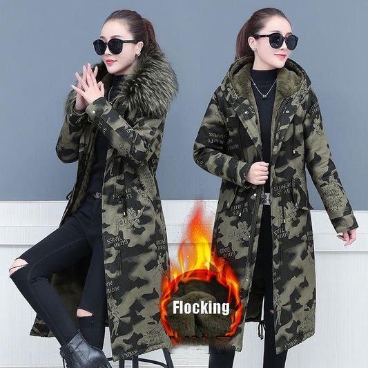 Female Camouflage Parka Coat Winter Long Cotton-padded Jacket Flocking Hooded Cotton-padded Jacket Winter Print Overcoat
