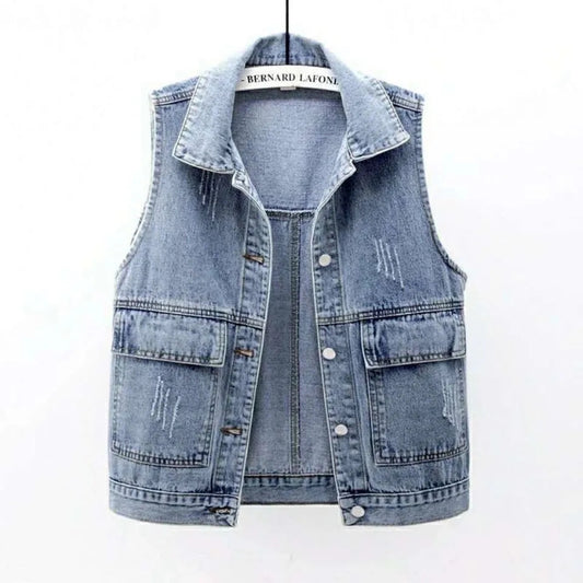 Denim Vest Women's Spring Summer Simple Large Pockets Sleeveless Vest Coat All-match Large Size Loose Top Button Denim Cardigan