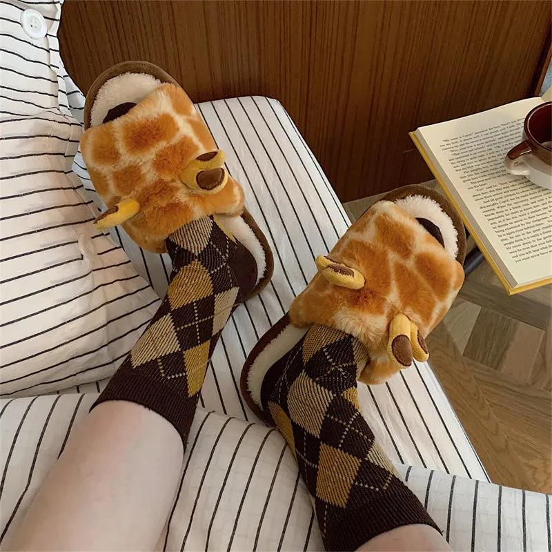 Autumn and Winter Cute Little Antler Cotton Slippers Warm Flat Shoes Indoor Non-slip Cotton Shoes Soft Shoes