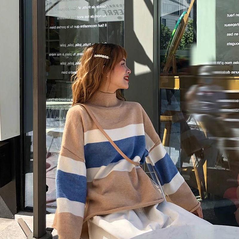 Pofulove small fresh cute female thick sweater women loose wild sweater striped shirt women