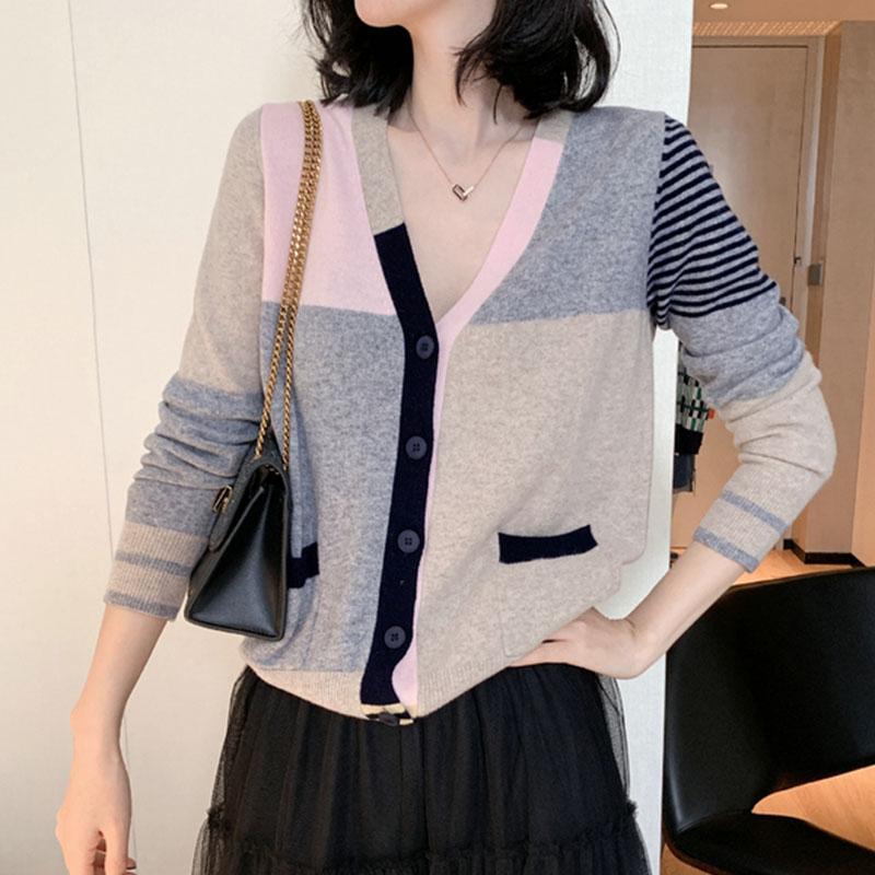 Color-block Knit Sweater Long-sleeved Loose V-neck Sweater Cardigan Jacket Female Spring and Autumn Korean Version of All-match Thin Top
