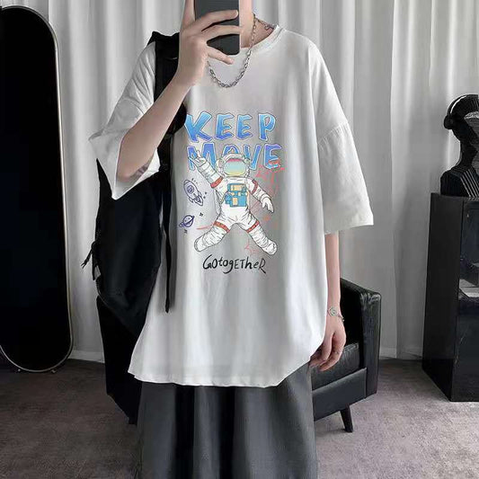 Short-sleeved T-shirt Men's Tide Brand Cartoon Astronaut Print Summer Wild Men's Trend Five-point Sleeves