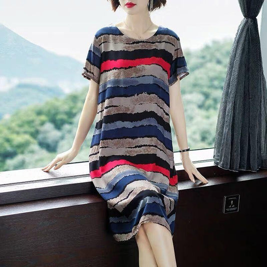 Bohemian Women's Floral Print Short Sleeve Dress Casual Loose Party Tunic Mid-length Dress Round Neck Short Sleeve Loose Casual Dress