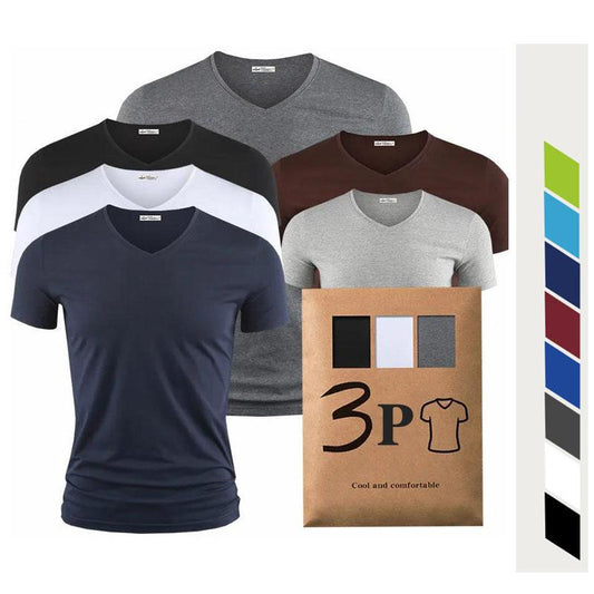 3pcs Modal T-shirt Slim Shirt Solid Color Casual Thin Tees V-Neck Short Sleeve Ice Silk Cool Pullover Men Clothing Summer