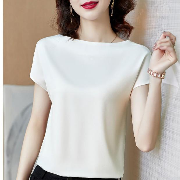 Women Satin Blouse High-end Fashion Short Sleeve Silky Temperament T Shirt Casual Tops