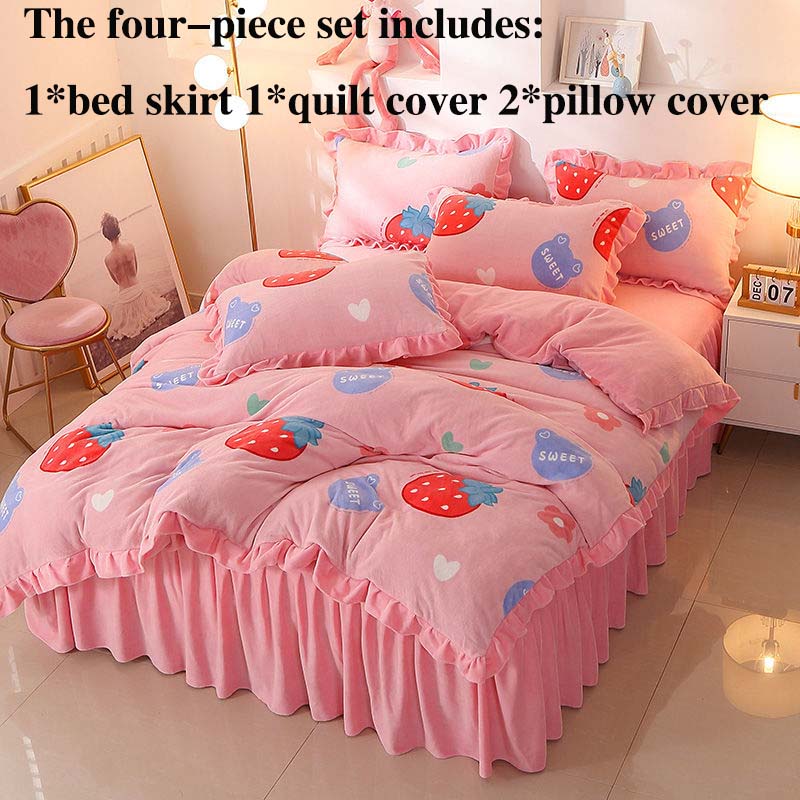 Thick Milk Velvet Four-piece Bed Skirt Quilt Cover Pillowcase Plus Velvet Warm Double-sided Quilt Cover Bedding Set