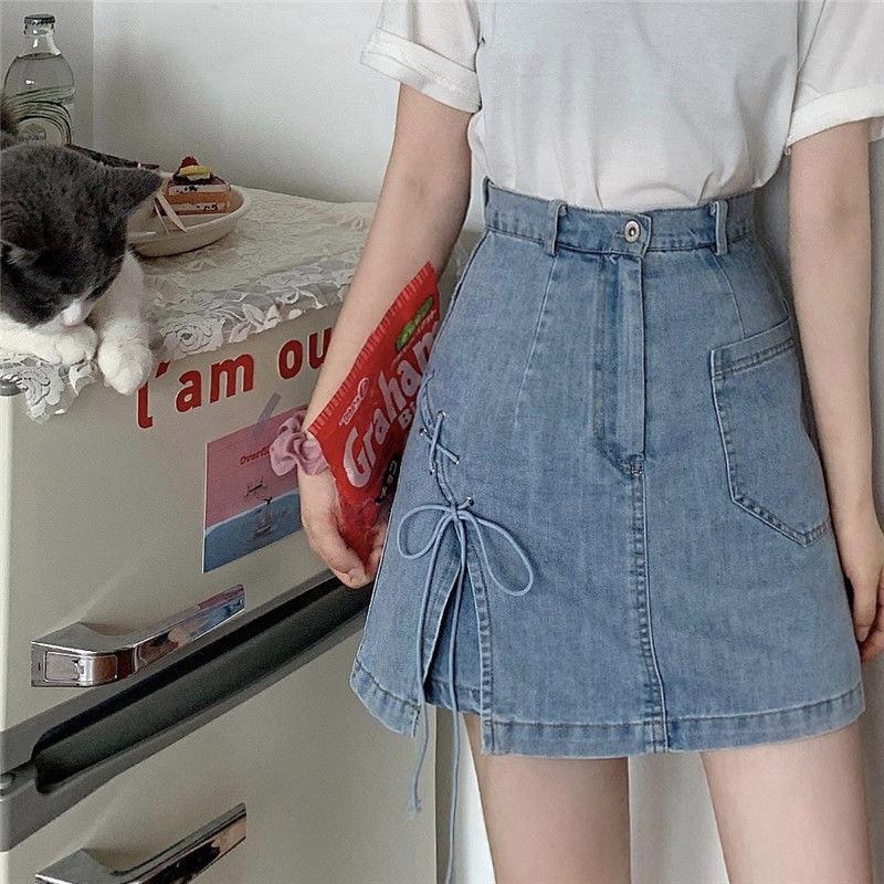 Retro Strappy Split Denim Skirt Women's Summer High Waist A-line Skirt Fake Two-piece Skirt