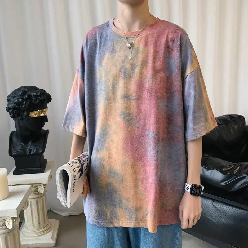 Summer Tie-dye 5-point Sleeve T-shirt Men's Short-sleeved Gradient Harajuku Style Trend Loose Retro Sleeve Top