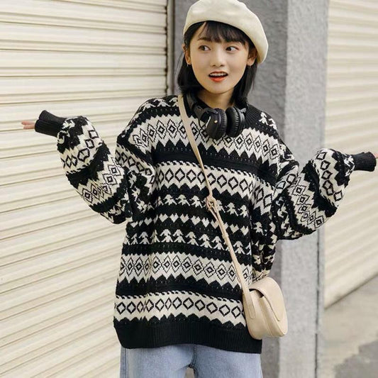 Autumn Winter Women Fashion Sweater Casual Knitting Sweater Jacquard Round Neck Pullovers Loose Casual Long Sleeve Sweater