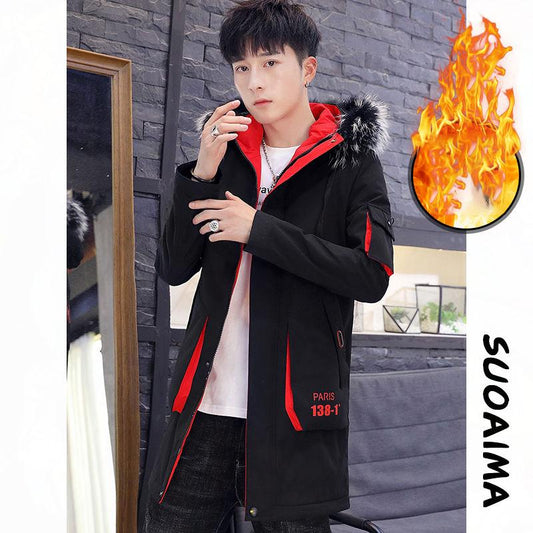Autumn and Winter Men's Trendy Jacket Mid-length Plus Velvet Thickened Student Windbreaker