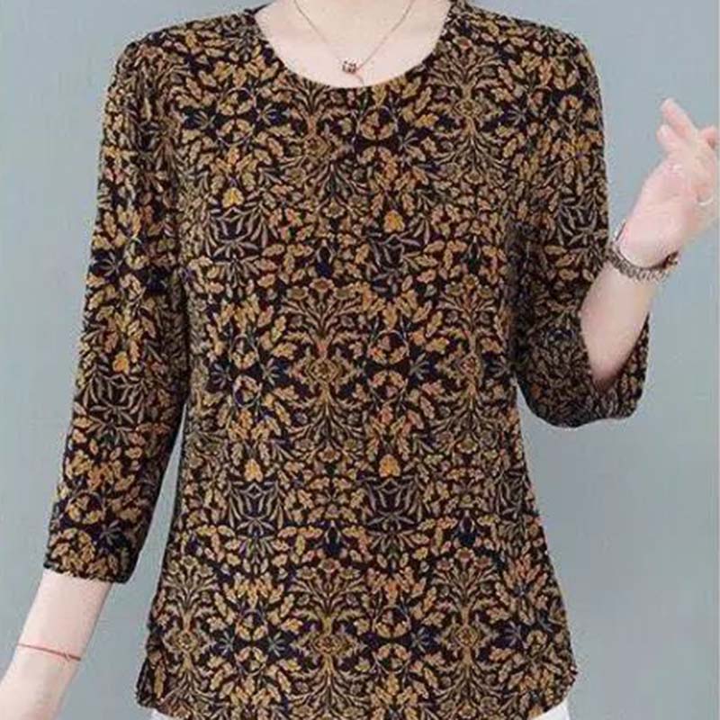 Women's Printed Top Spring and Autumn Floral Long-sleeved Thin Round Neck T-shirt