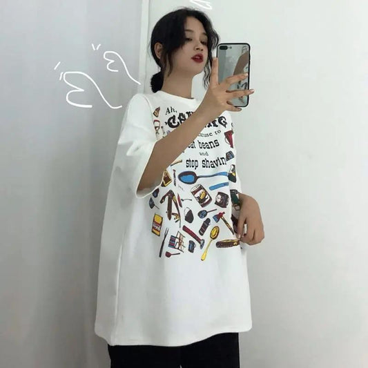 Women Summer Vintage Short Sleeve Round Collar Streetwear T-shirt 3 Colors Loose Versatile Printed Casual Cool T-shirt