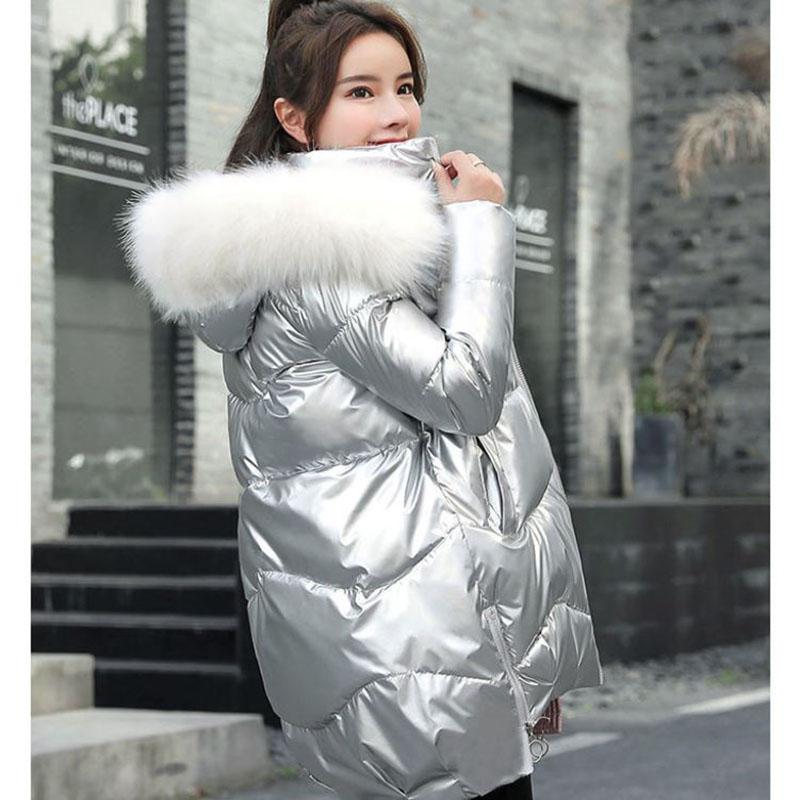 Down Cotton Jacket Winter Loose Korean Color Shiny Face-free Collar Mid-length Cotton Jacket Women