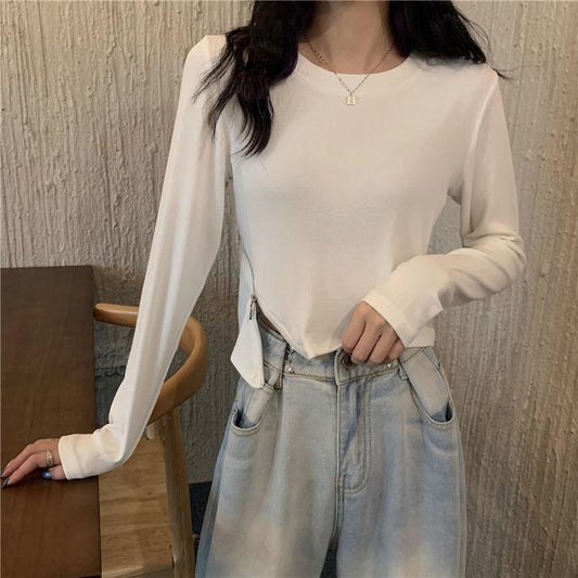 Fall Women's zipper Round O-neck Autumn Long Sleeve Casual slim T-shirt Blouse Pure color Leisure Pullover